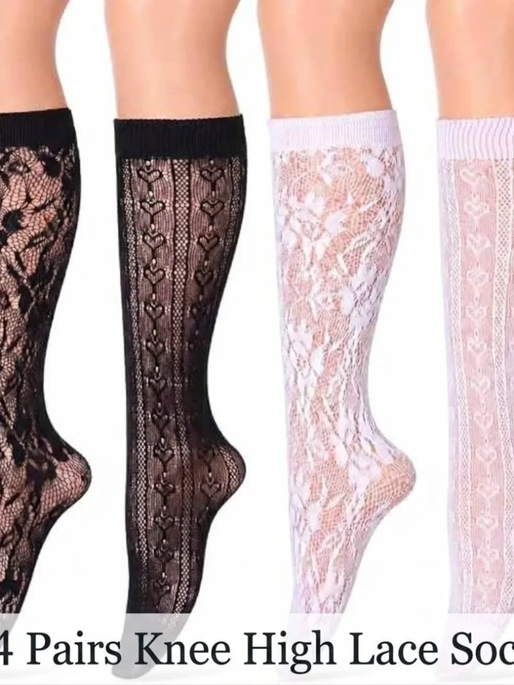 4 Pair Women's Black & White Lace Knee High Boot Socks